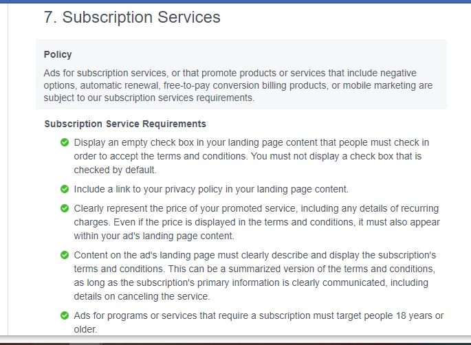 facebook ad policies subscription services