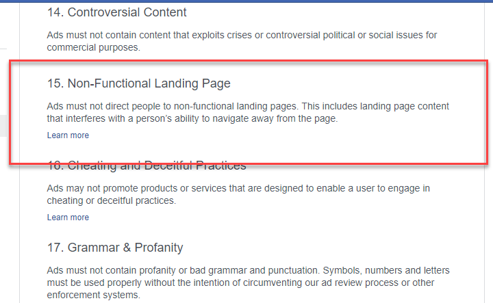 facebook advertiser policies - landing pages
