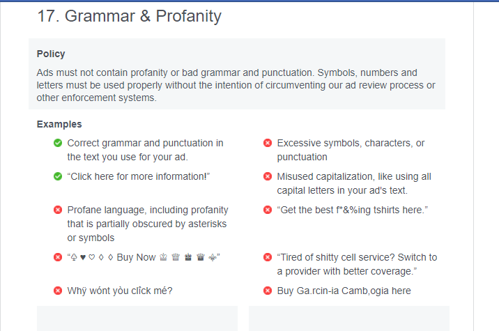 facebook ad policies - grammar and profanity