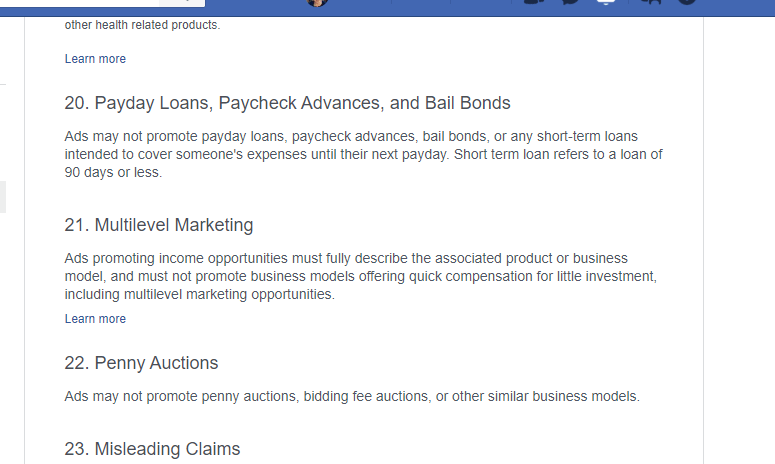 facebook ad policies - payday loans, multilevel marketing, penny auctions