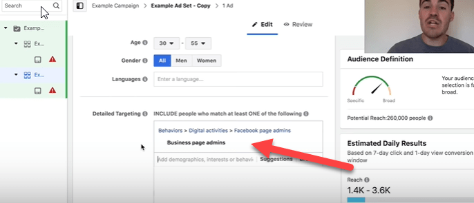 facebook business page admins targeting option