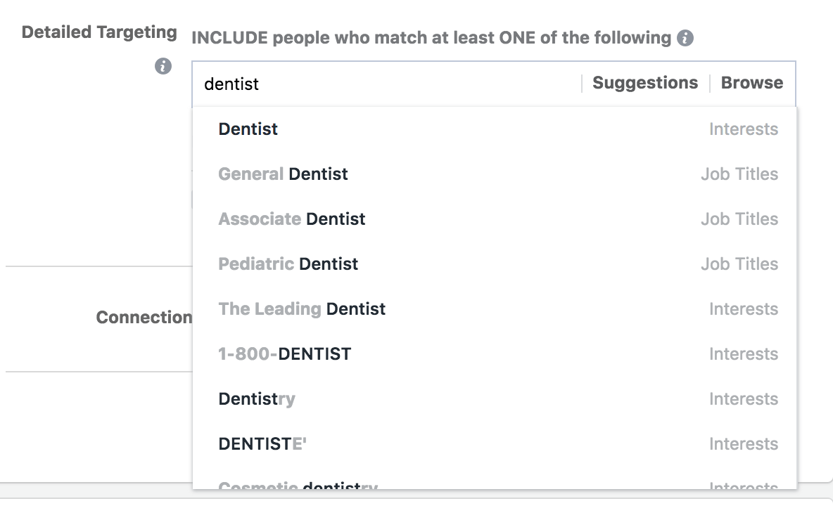 Dentist targeting options on Facebook