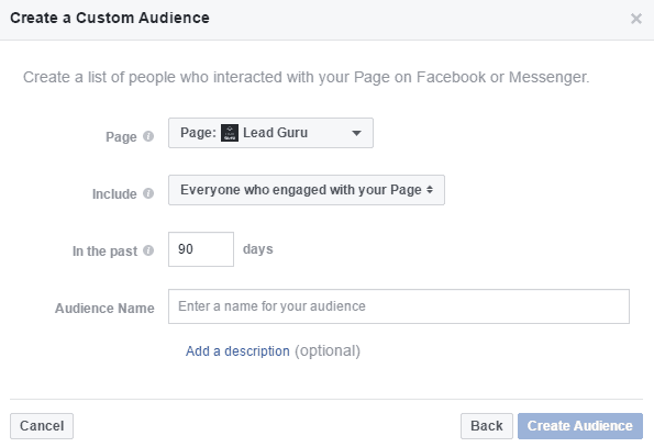 Facebook Page Custom Audience In The Past Options