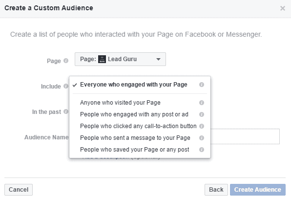 Facebook Page Custom Audience Include Options