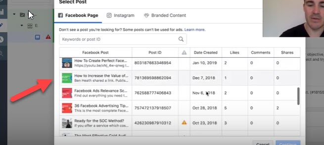 Select existing post for brand awareness campaign