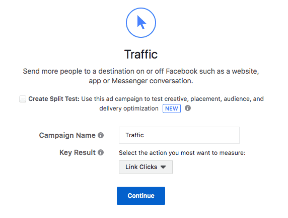 Traffic Facebook ad objective
