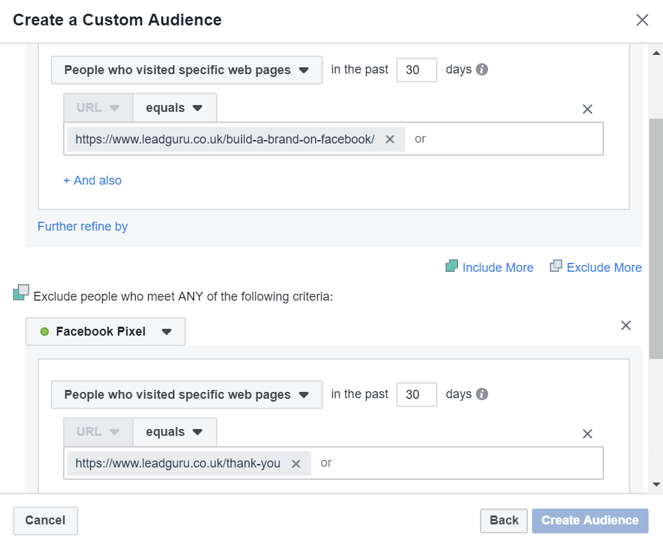 Visited a page but not another facebook custom audience