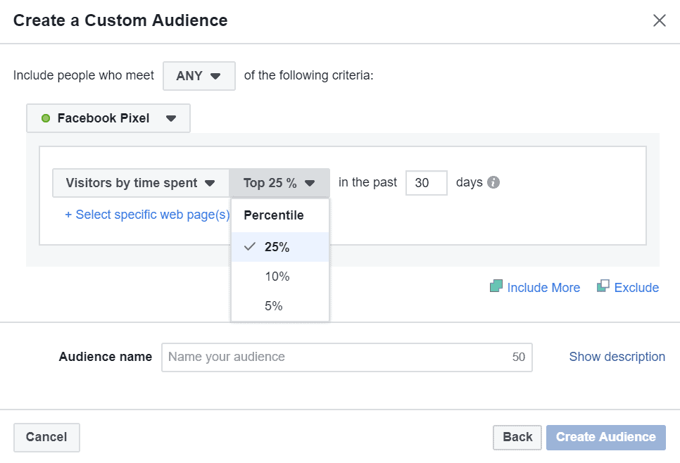 Visitors by time spent website custom audience facebook