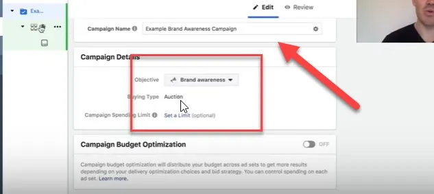 Campaign level for Facebook brand awareness campaign