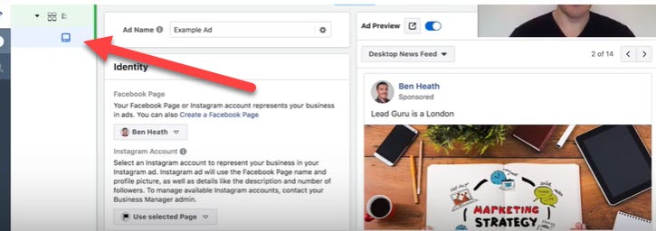 navigating to ad level for Facebook brand awareness campaign